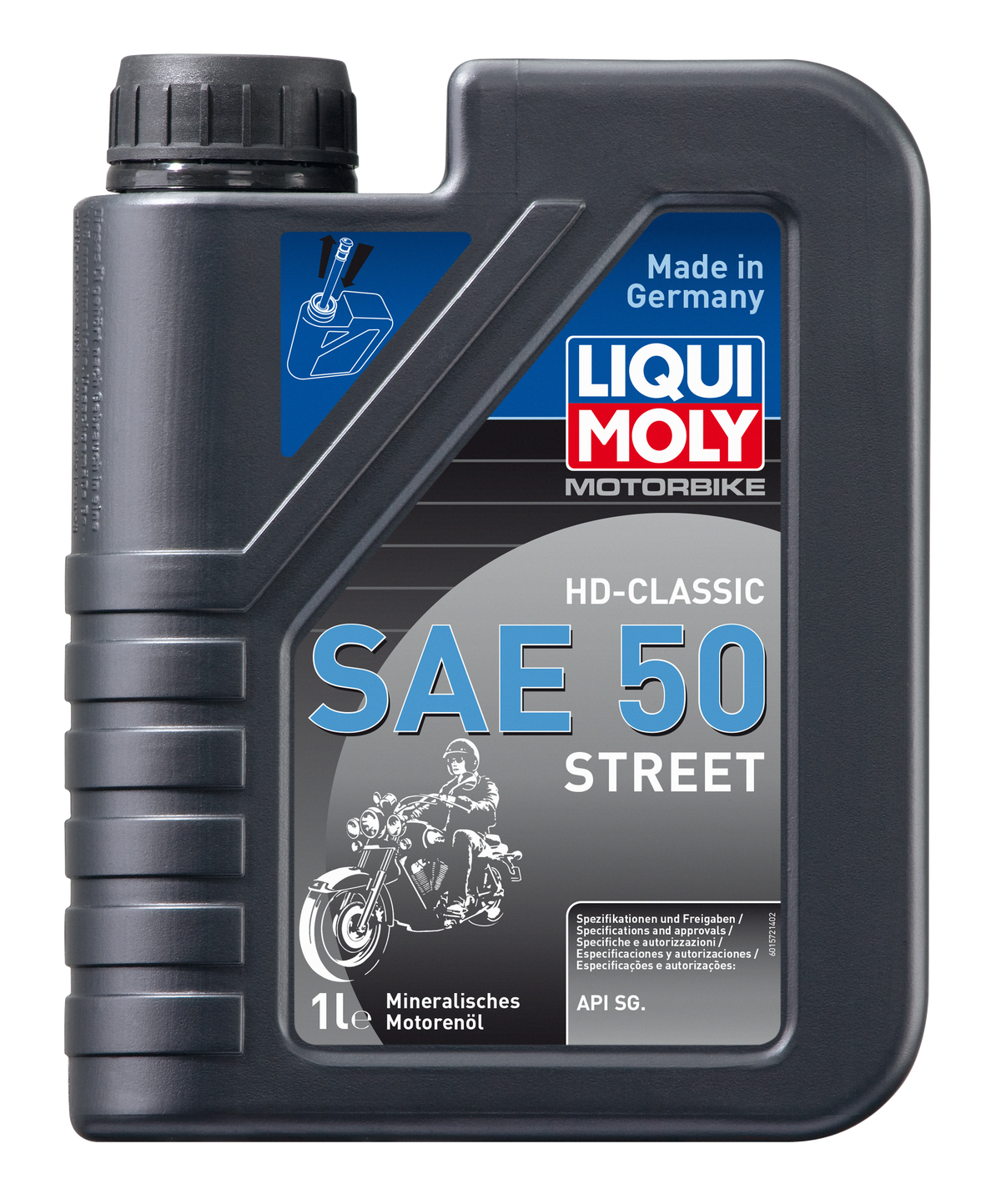 Liqui Moly Motorbike HD-Classic SAE 50 motorcycle engine oil bottle for street use, with label visible in the image.