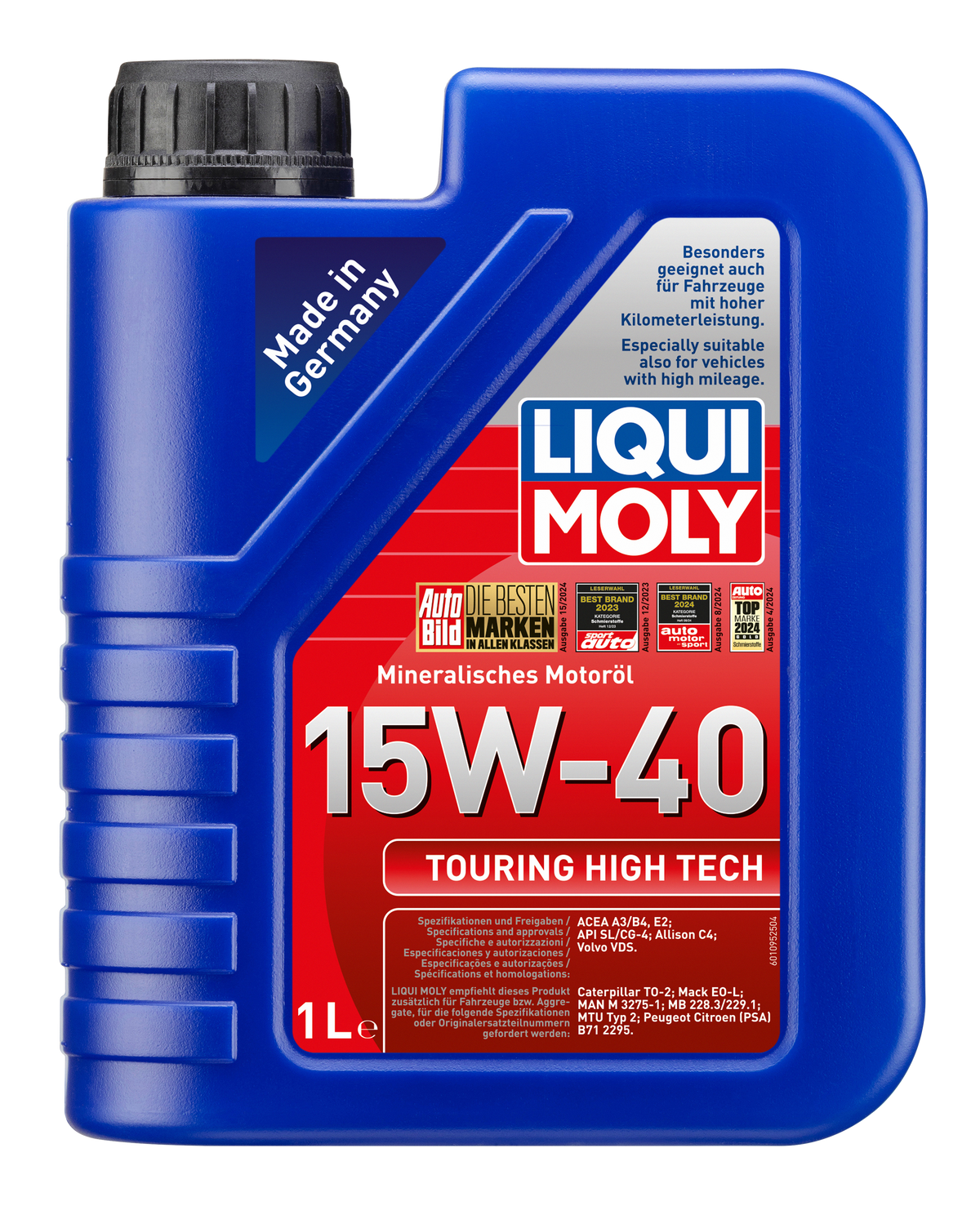 Liqui Moly Touring High Tech 15W-40 engine oil container with label, suitable for vehicle lubrication and engine protection.