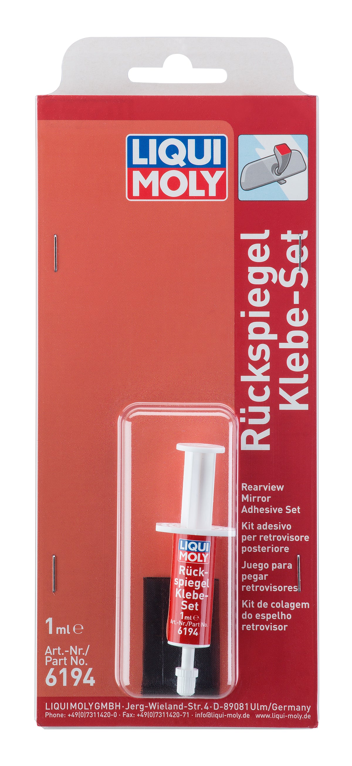 Liqui Moly rearview mirror adhesive set with 1ml tube, suitable for automotive sealant and bonding applications
