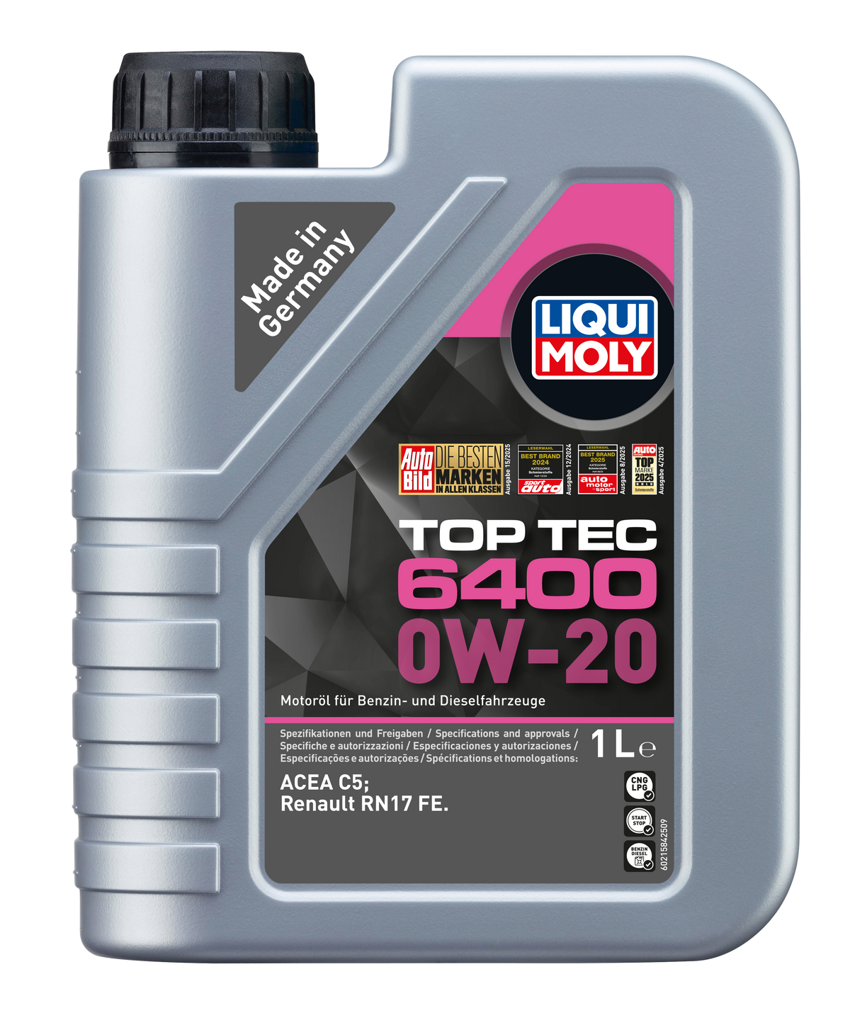 Liqui Moly Top Tec 6400 0W-20 engine oil bottle with label, showing product name and brand for automotive engine lubrication.
