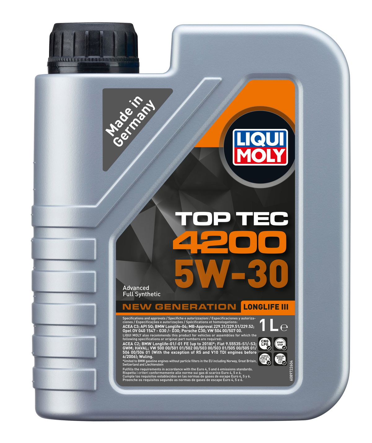 Liqui Moly Top Tec 4200 5W-30 engine oil bottle with label, designed for vehicle engine lubrication and protection