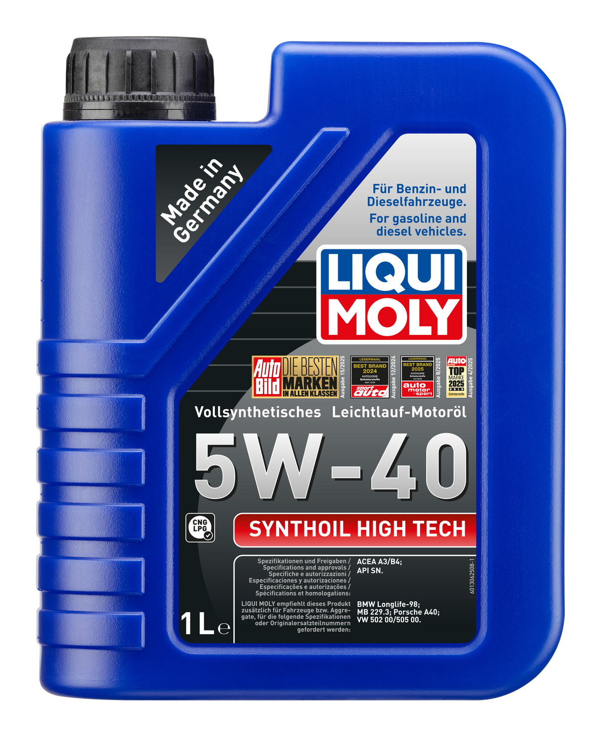 Liqui Moly Synthoil High Tech 5W-40 engine oil bottle with label showing product details and branding.