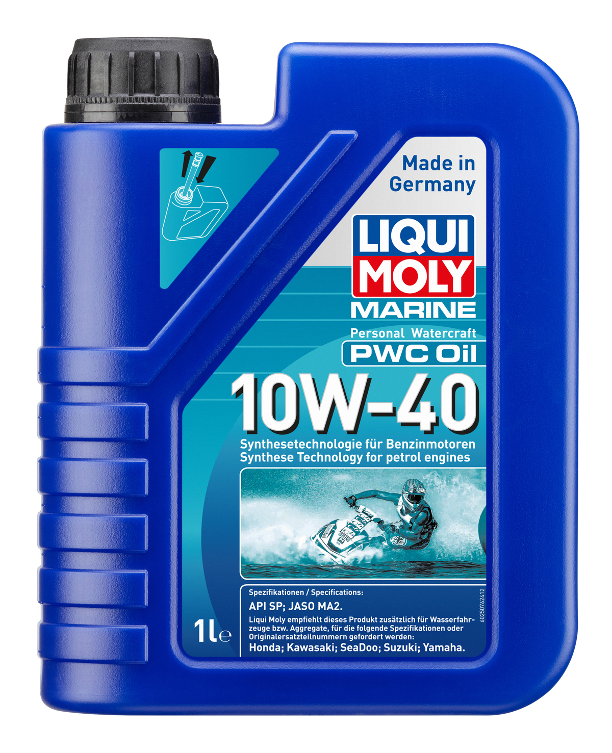 Liqui Moly Marine PWC Oil 10W-40 container, marine engine oil with brand label and product details visible.