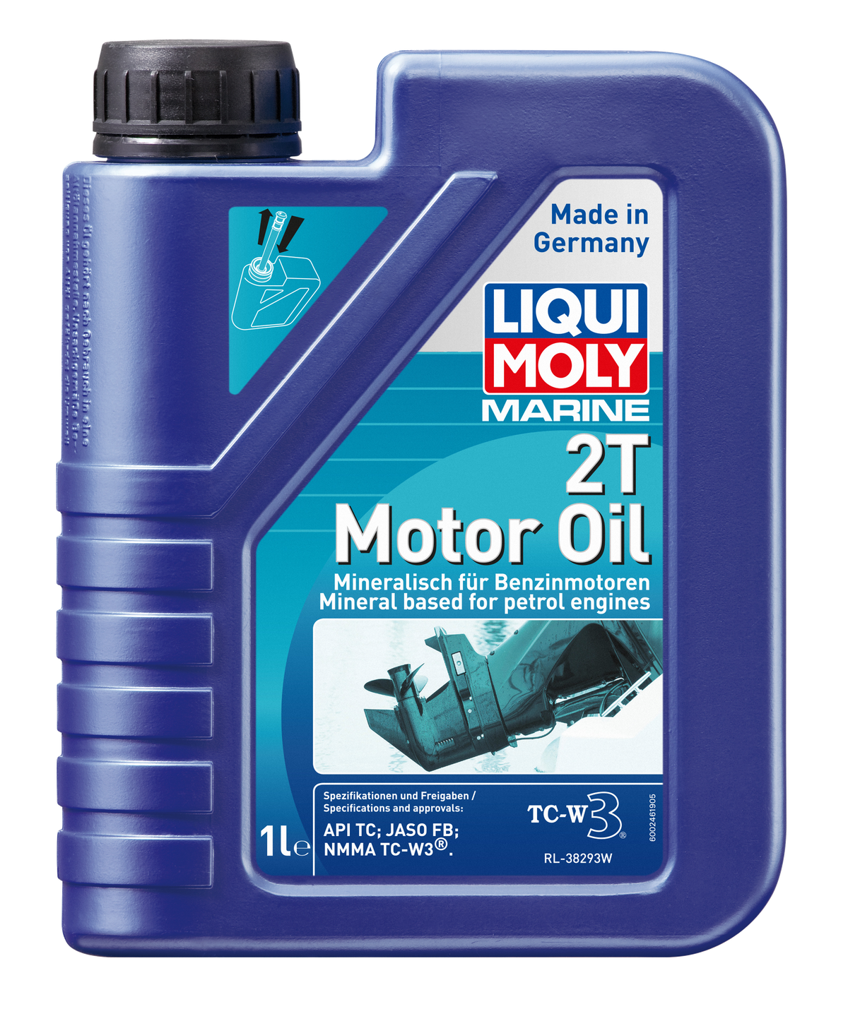 Liqui Moly Marine 2T motor oil container, marine engine oil for two-stroke engines, with label displaying product details and branding.