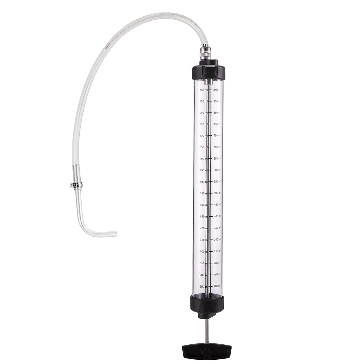 Liqui Moly manual measuring syringe, 1000ml capacity, workshop tool for precise liquid measurement, displayed on a workbench.