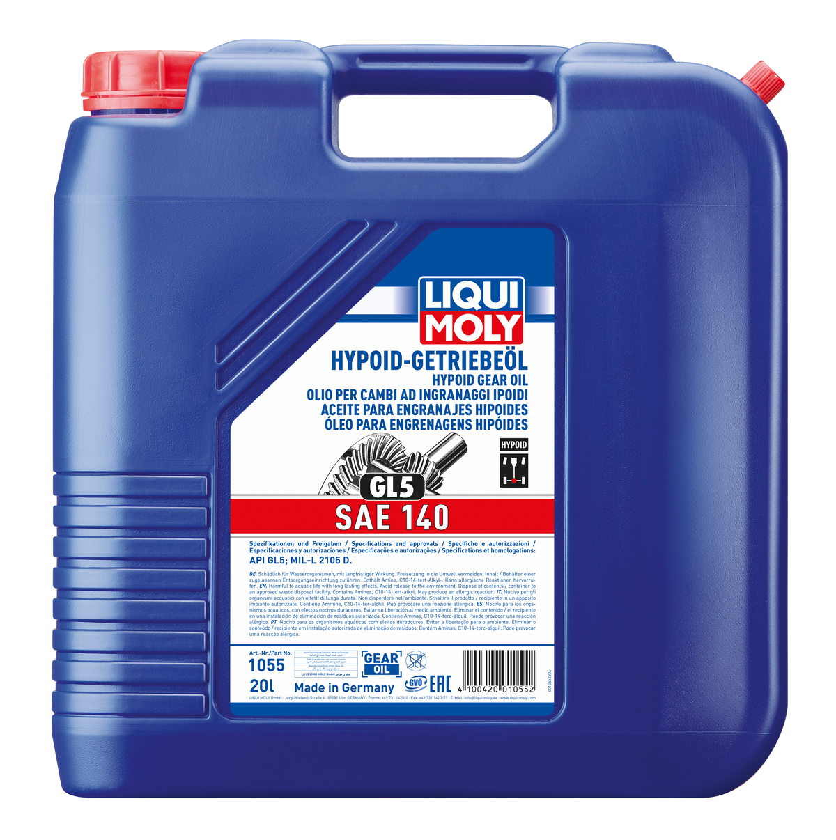 Liqui Moly Hypoid Gear Oil GL5 SAE 140W in a 20L container, gearbox fluid for heavy-duty gear protection.