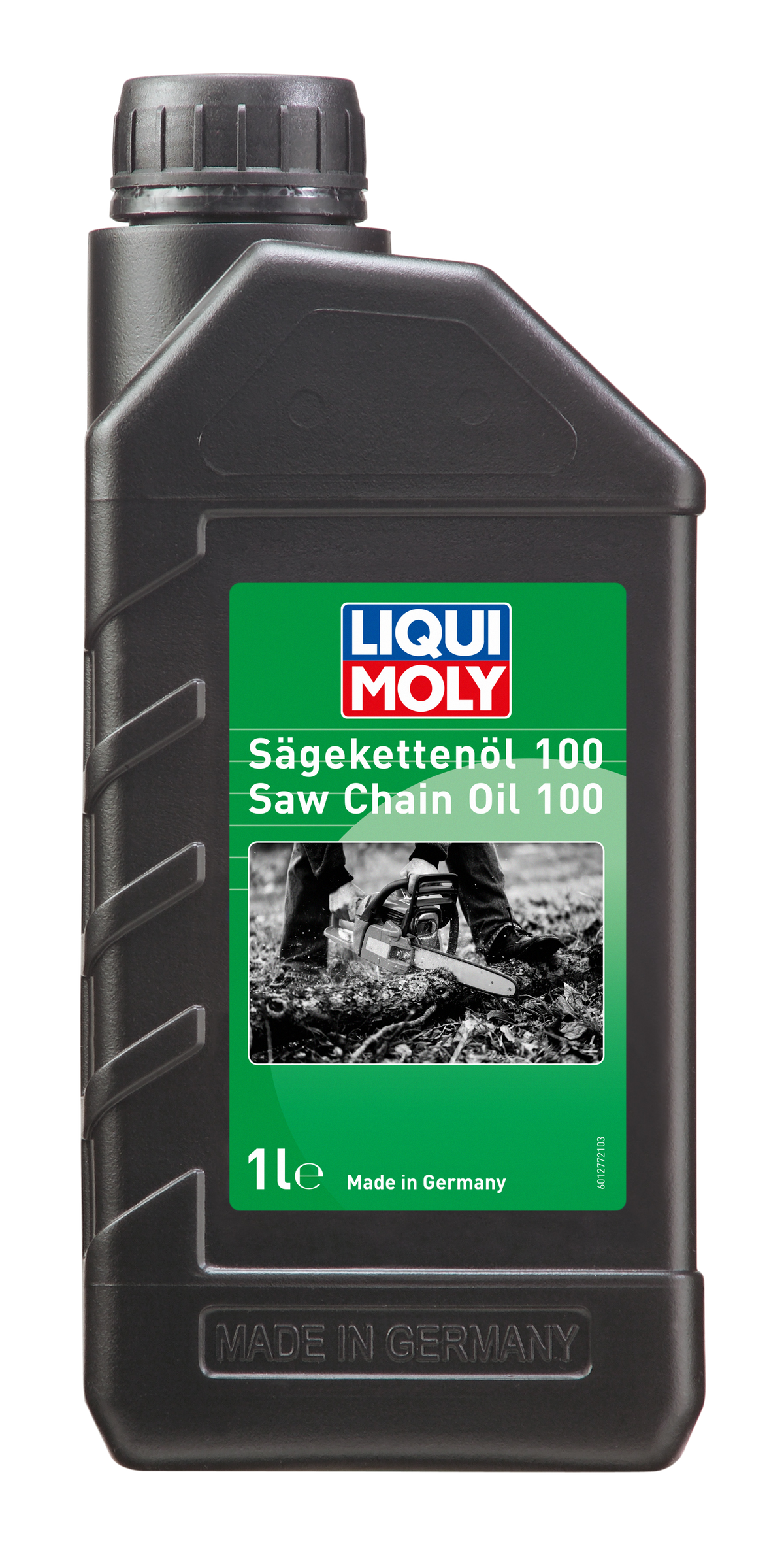 Liqui Moly Chainsaw Oil 100 for commercial and agricultural use, showing a container of lubricating oil with chainsaw graphics.