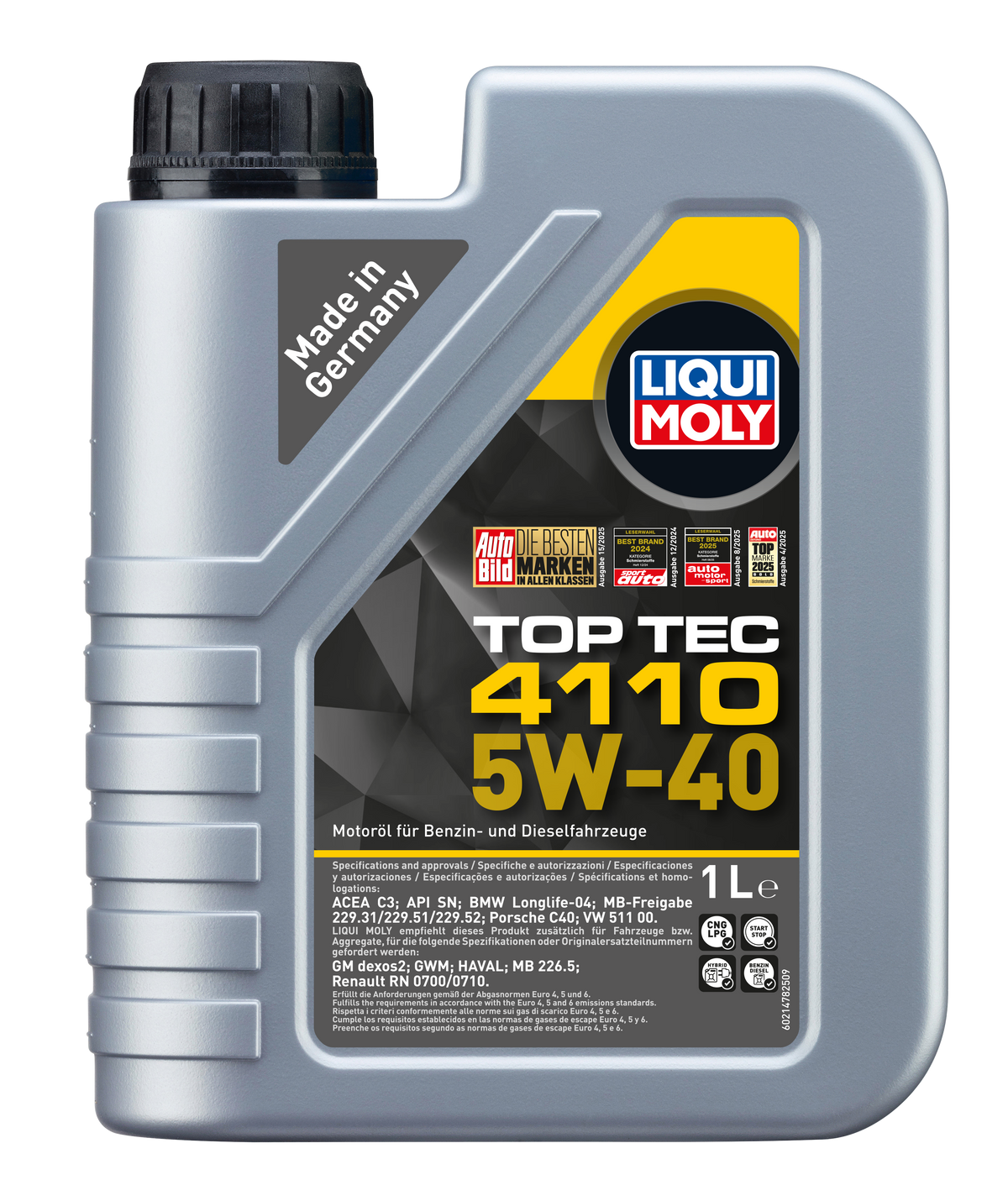 Liqui Moly Top Tec 4110 5W-40 engine oil bottle with label showing brand and product details.