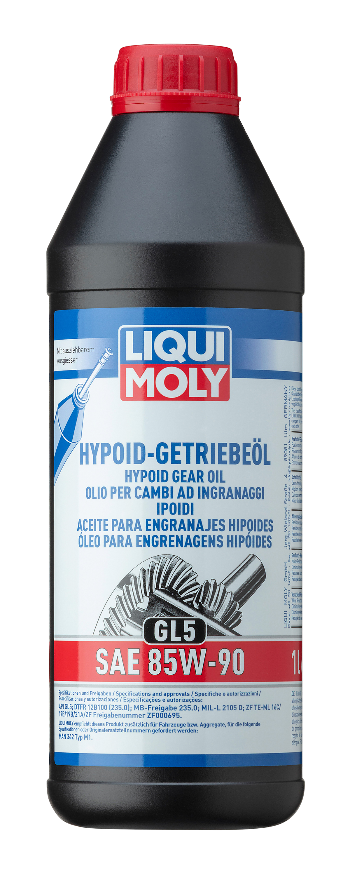 Liqui Moly Hypoid Gear Oil GL5 SAE 85W-90 bottle for gearbox lubrication, with label visible and product details in focus.