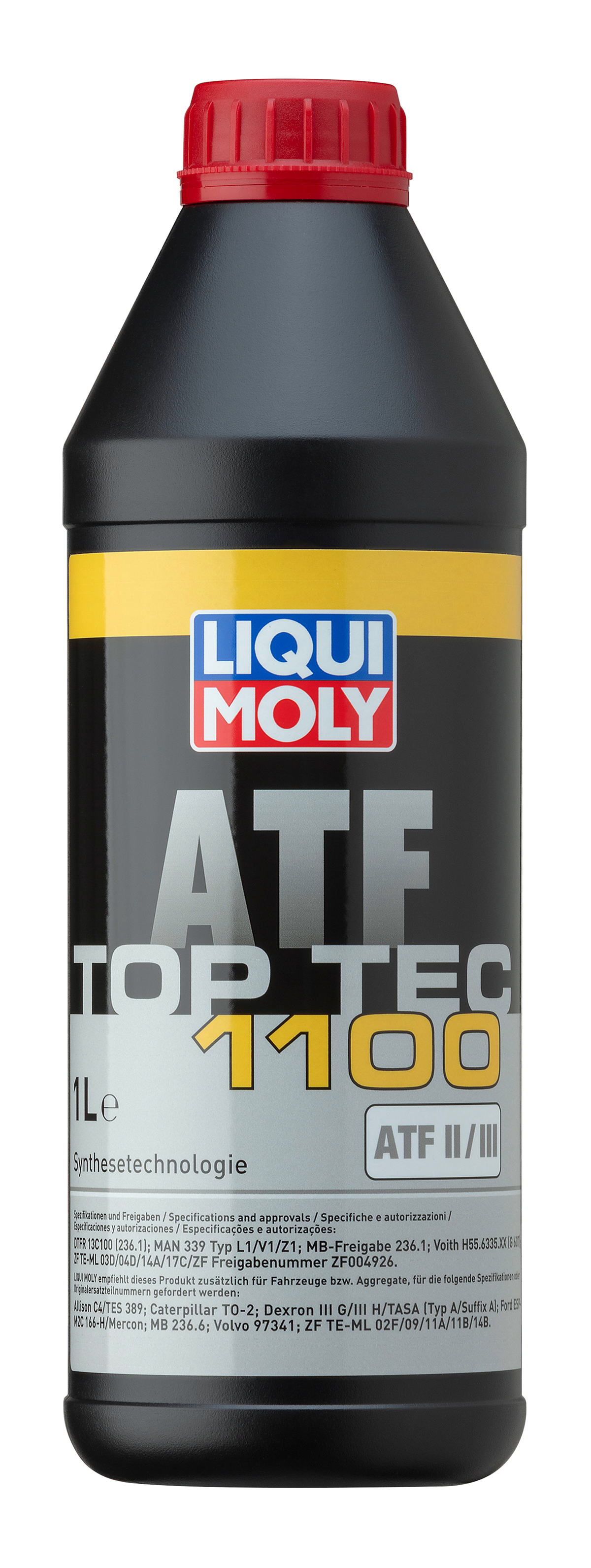 Liqui Moly Top Tec ATF 1100 gearbox fluid bottle with label and cap, designed for automatic transmissions, on a white background.