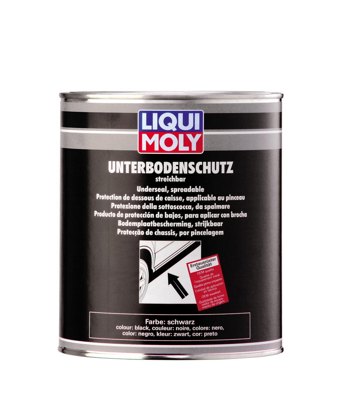 Liqui Moly spreadable black underseal sealant in 2kg container, used as an adhesive and protective coating for vehicle undercarriages.