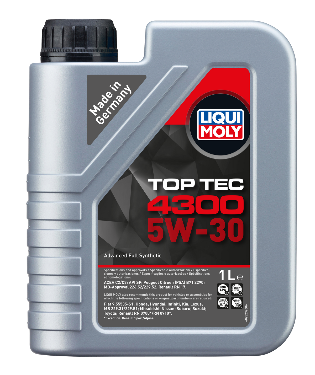 Liqui Moly Top Tec 4300 5W-30 engine oil bottle with label and cap, designed for automotive engine lubrication.