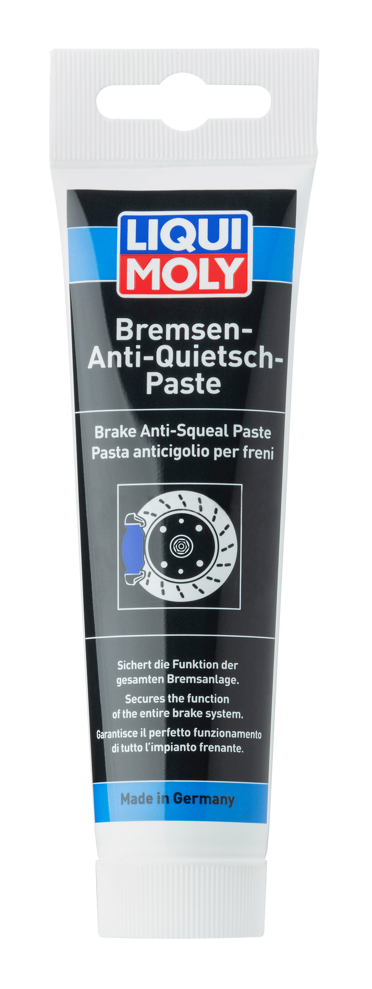 Liqui Moly Brake Anti-Squeal Paste tube showing the product label and applicator tip for reducing brake noise and squealing.
