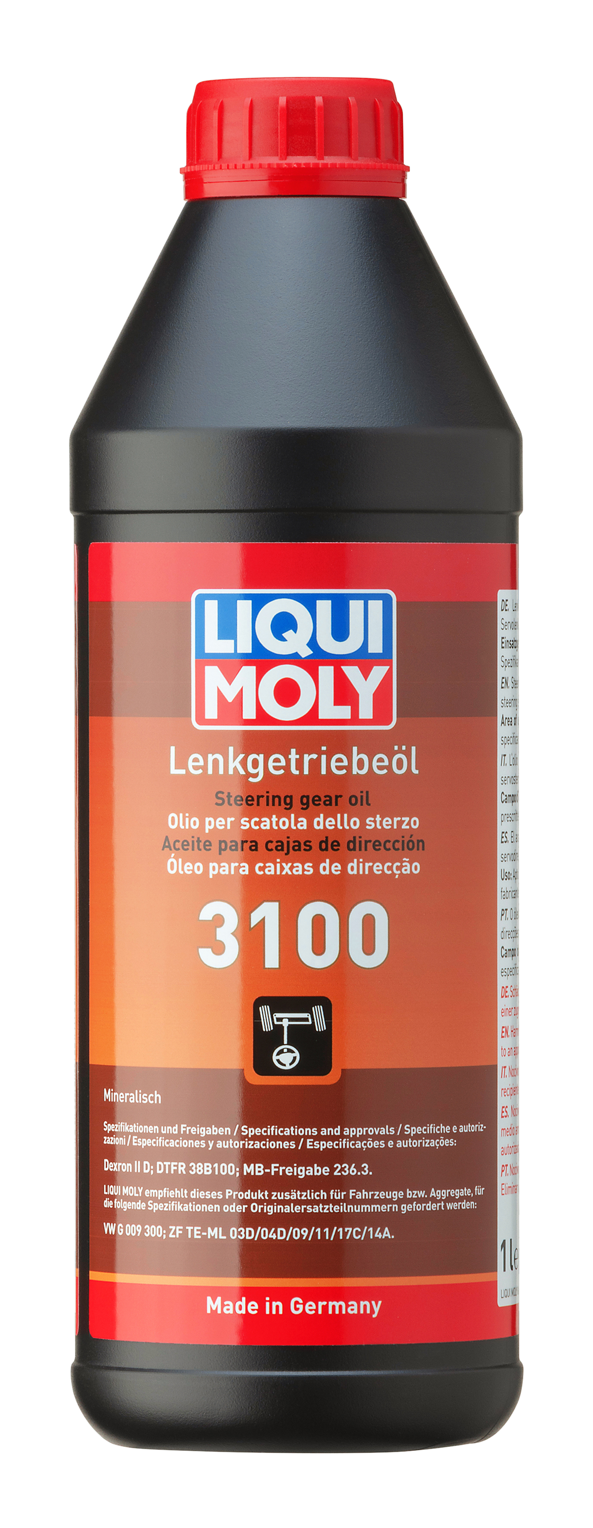 Liqui Moly Steering Gear Oil 3100 1L bottle, gearbox fluid for steering systems, with a white container and product label.