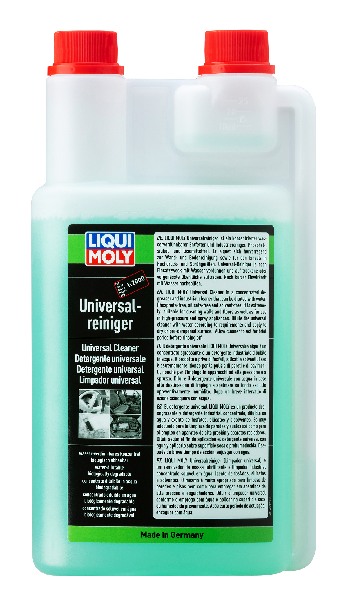 Liqui Moly Universal Cleaner additive bottle, used for vehicle cleaning and maintenance, with a white and blue label.