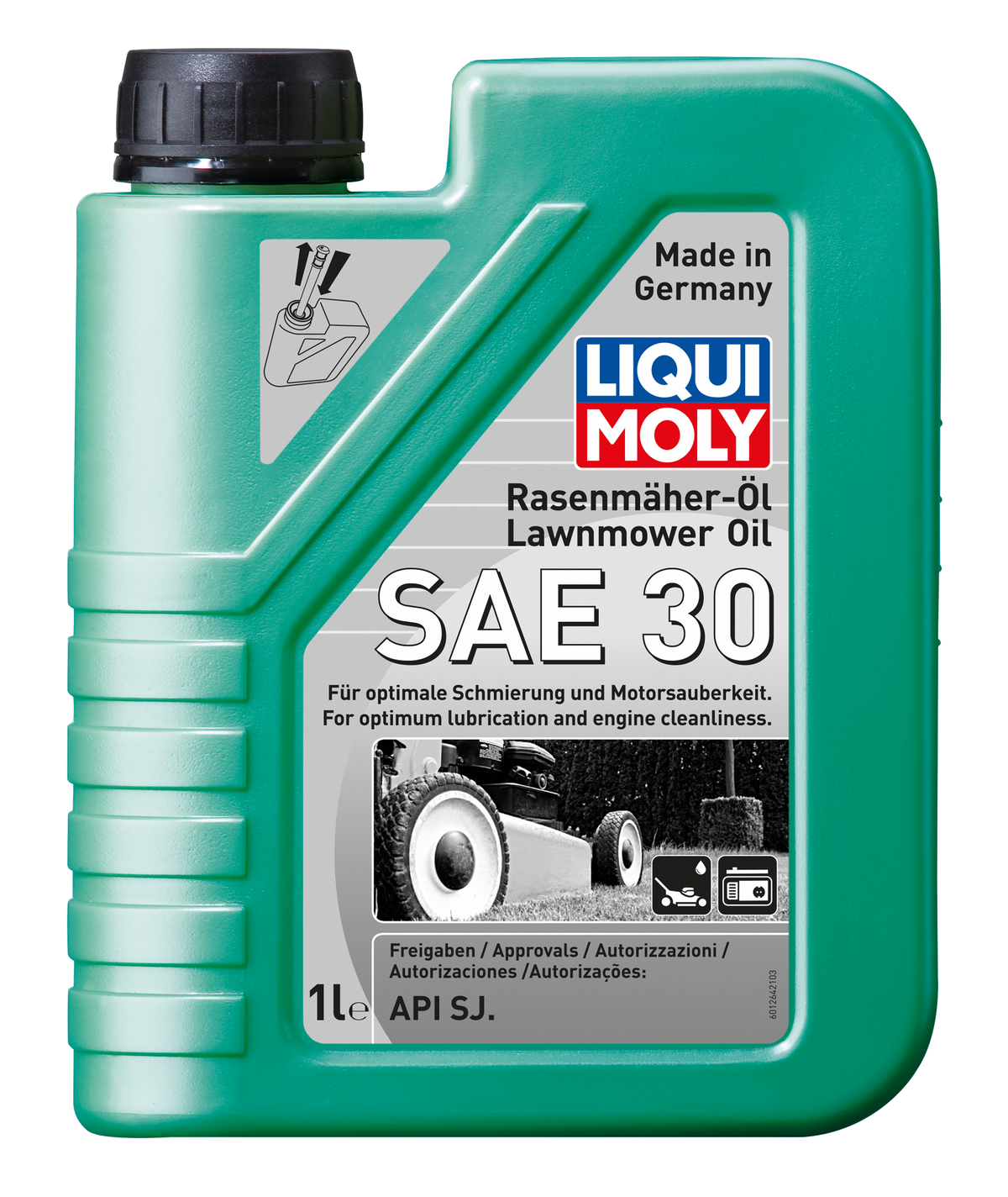 Liqui Moly Lawnmower Oil SAE 30 bottle for commercial and agricultural use, with brand label and product details visible.