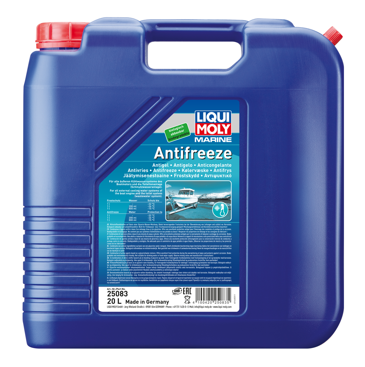 Marine antifreeze from Liqui Moly, showing a container of Liqui Moly Marine Antifreeze for boat engine cooling.