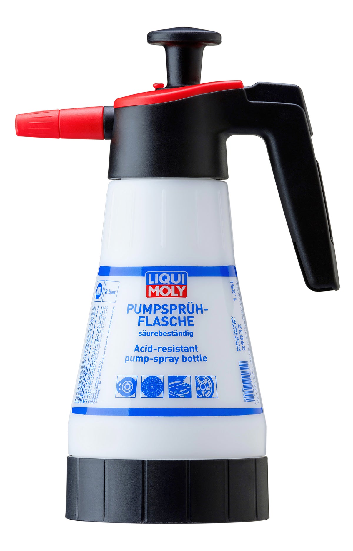 Liqui Moly acid-resistant pump-spray bottle for vehicle fluids, shown with the white plastic spray container and pump mechanism.