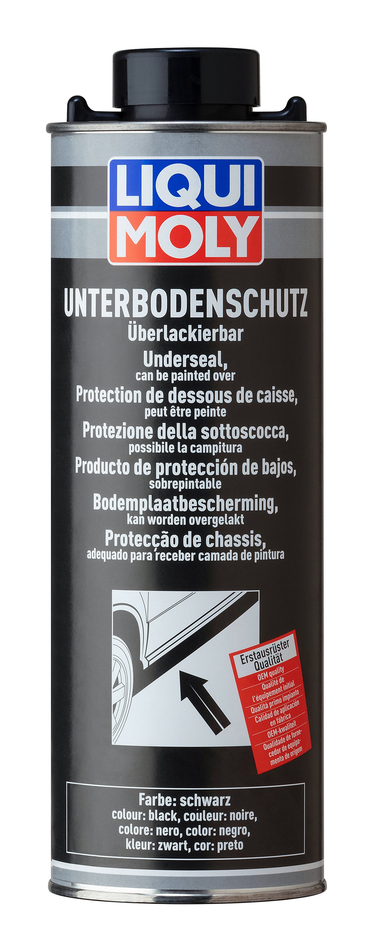 Liqui Moly Underseal Black 1L container of automotive underbody sealant with black protective coating, used for rust prevention.
