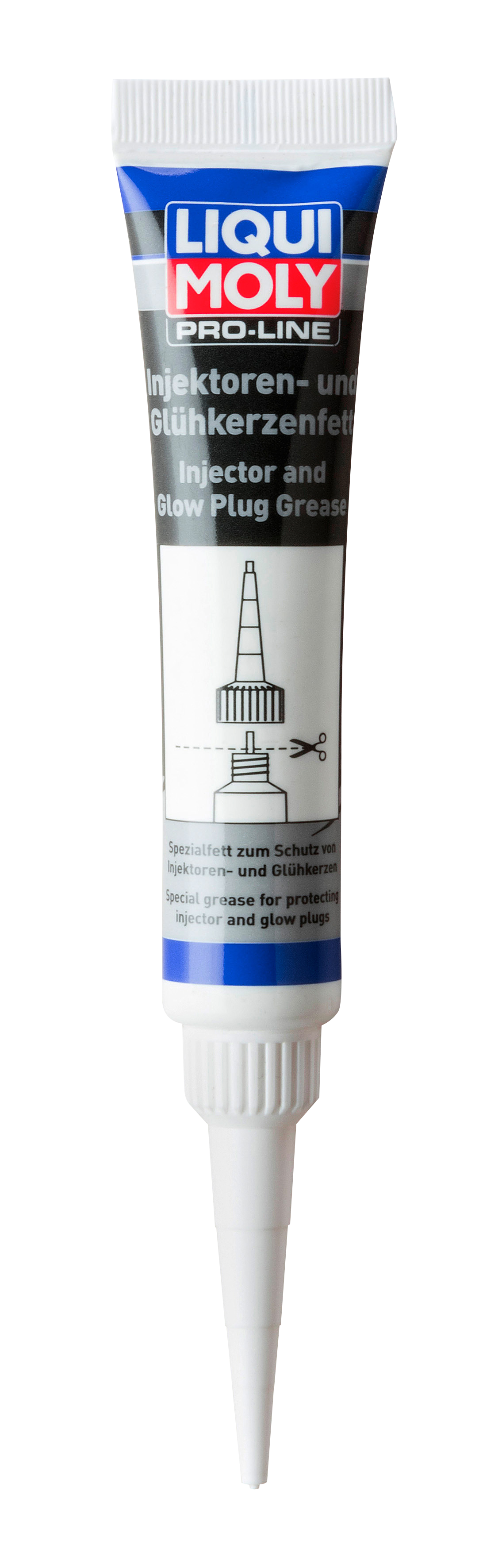 Liqui Moly Pro-Line Injector and Glow Plug Grease 20g container, lubricant for fuel system components, with a white and blue label.