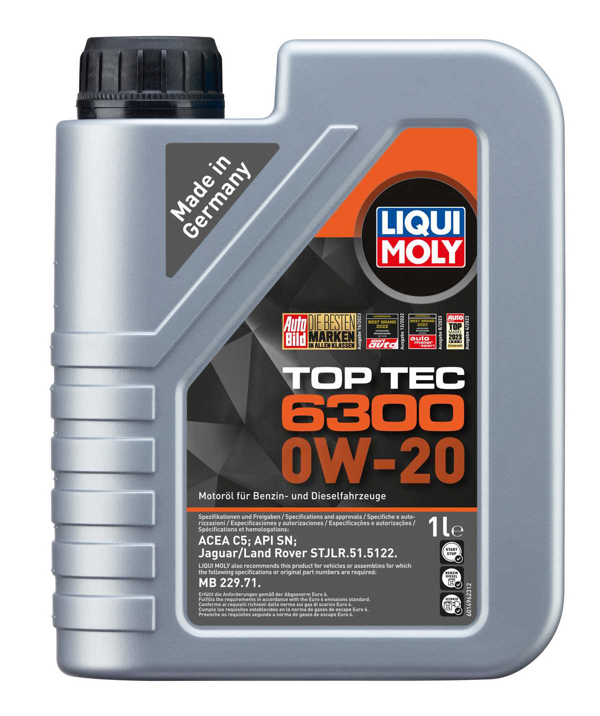 Liqui Moly Top Tec 6300 0W-20 engine oil bottle with label, showcasing the Liqui Moly brand and product details.