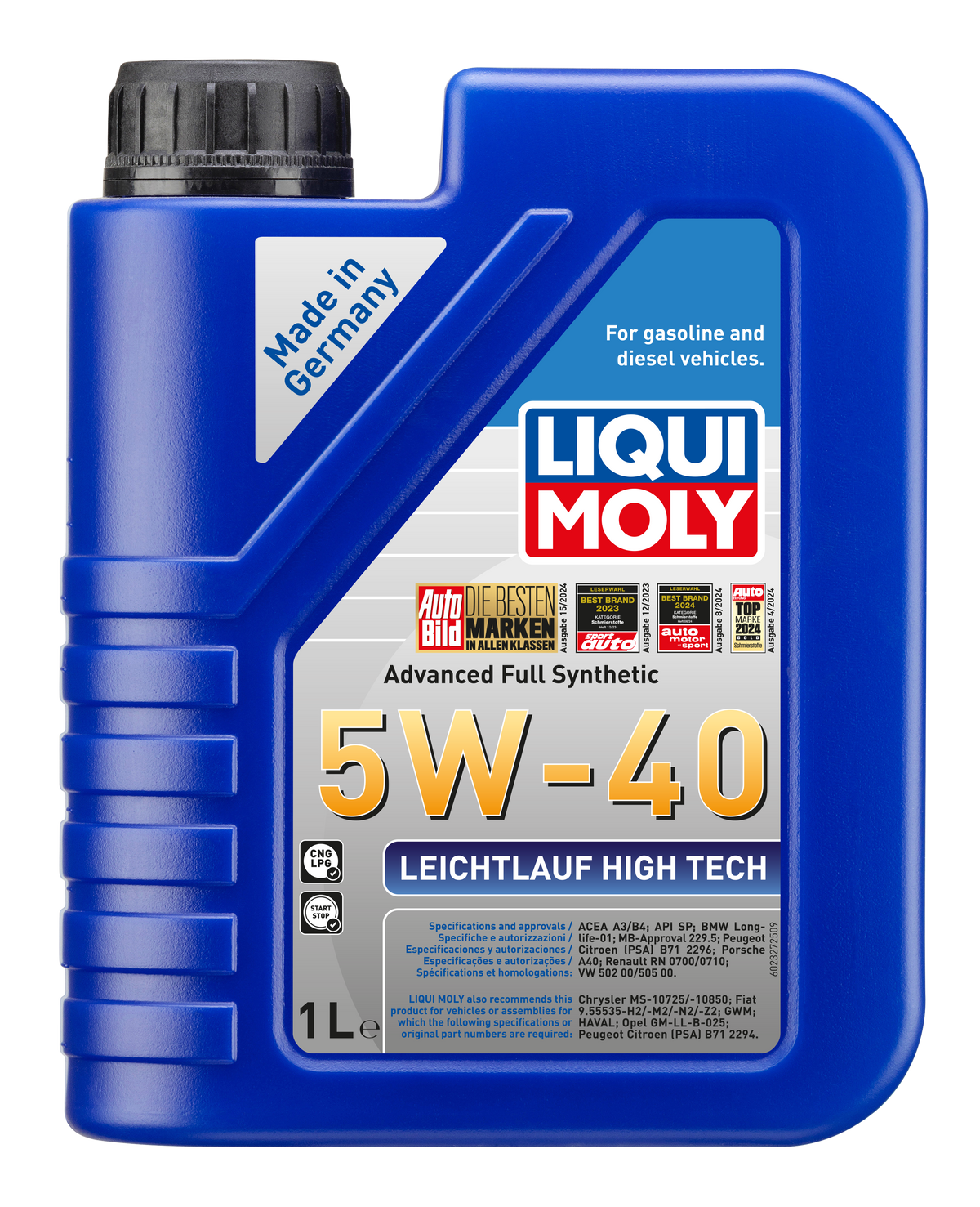 Liqui Moly Smooth Running High Tech Engine Oil 5W-40 bottle with label and cap, designed for vehicle engine lubrication.