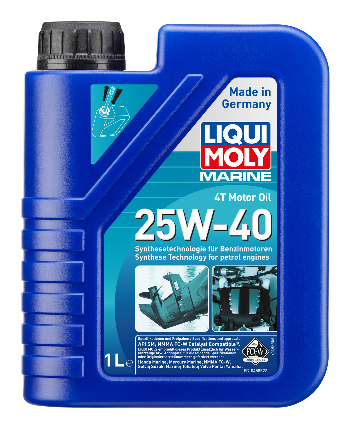 Liqui Moly Marine 4T Motor Oil 25W-40 container with label, designed for marine engines and high-performance motorcycle use.