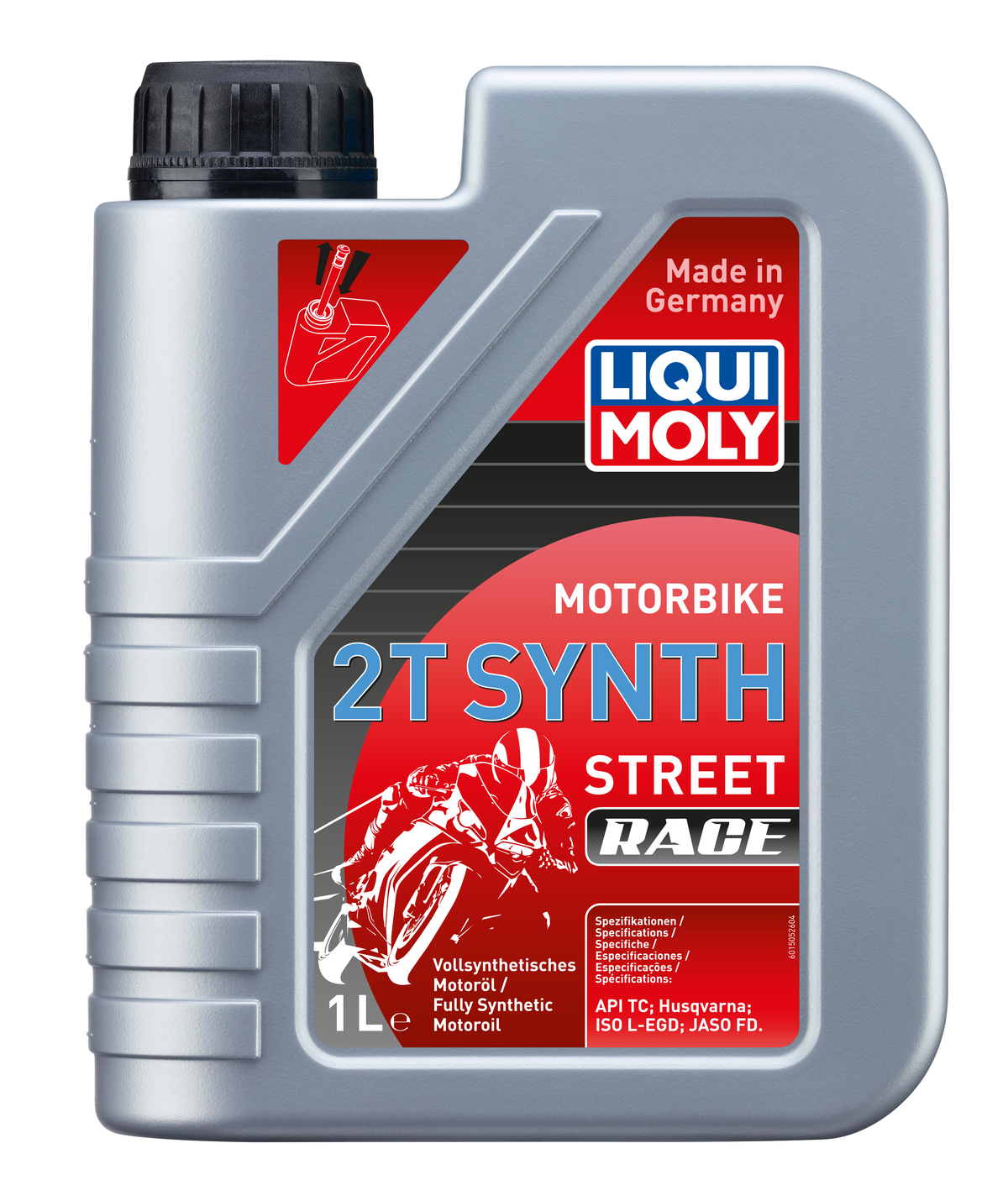 Liqui Moly Motorbike 2T Synth Street Race motorcycle oil container with label and cap, designed for two-stroke street racing engines.