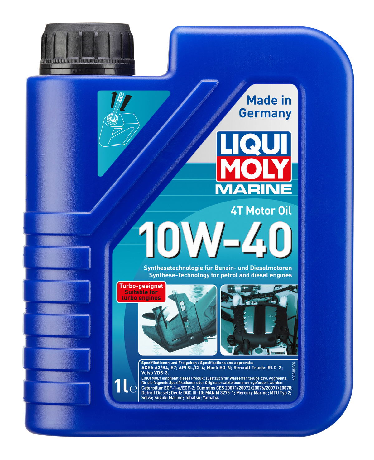 Liqui Moly Marine 4T 10W-40 motor oil bottle with label, designed for marine engines, displayed on a white background.