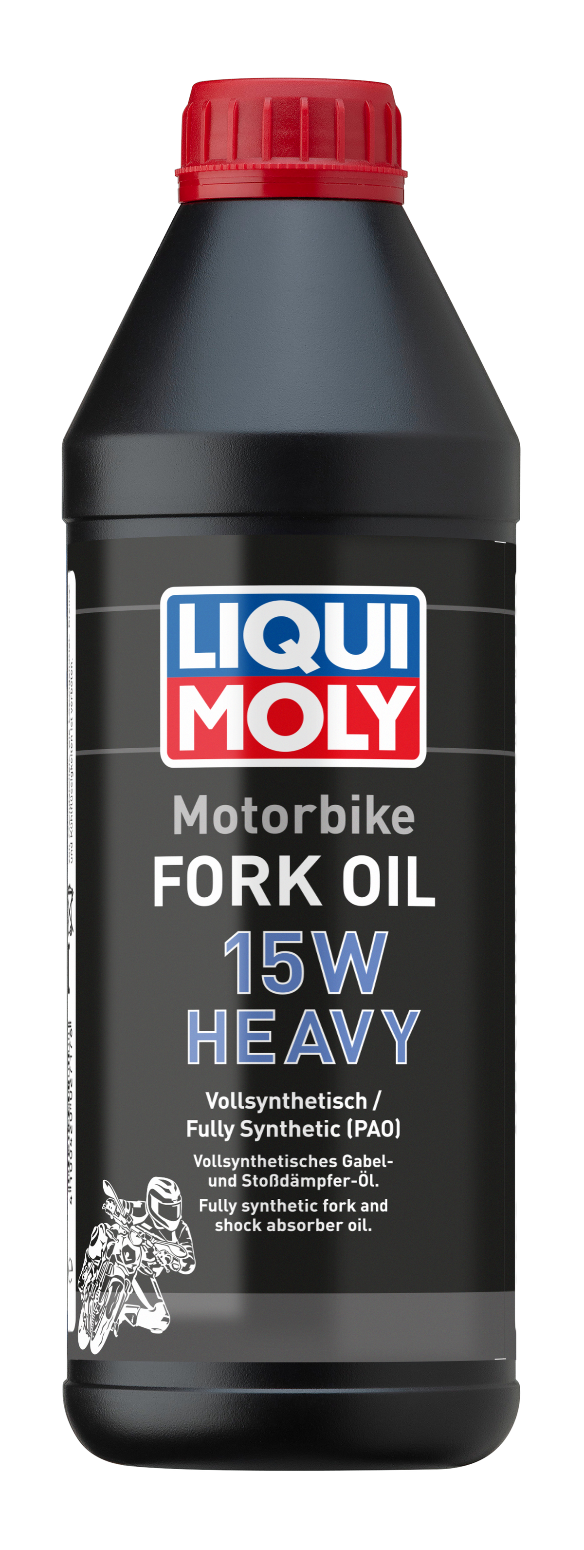 Liqui Moly Motorbike Fork Oil 15W Heavy, motorcycle suspension oil in a clear container with a label showing product details.