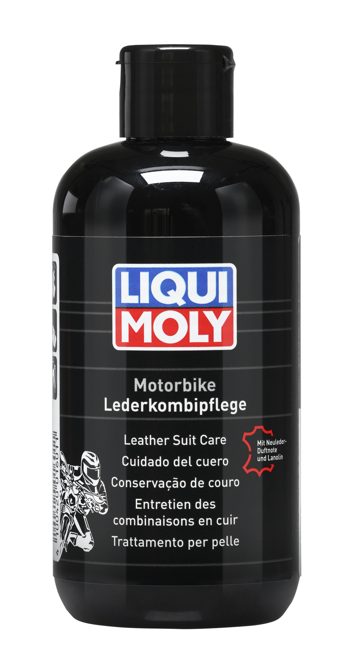 Liqui Moly Motorbike Leather Suit Care bottle with applicator and leather suit in the background, showing a motorcycle gear cleaning product.