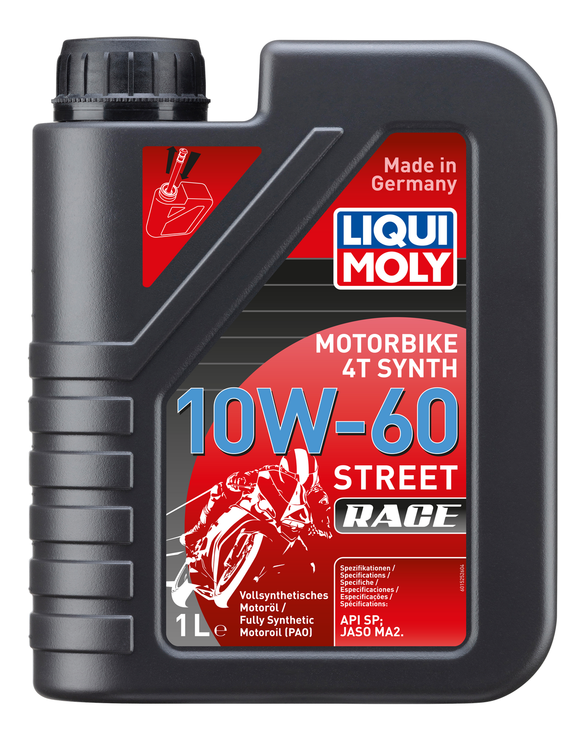 Liqui Moly Motorbike 4T Synth 10W-60 Street Race motorcycle engine oil bottle with product label and branding.