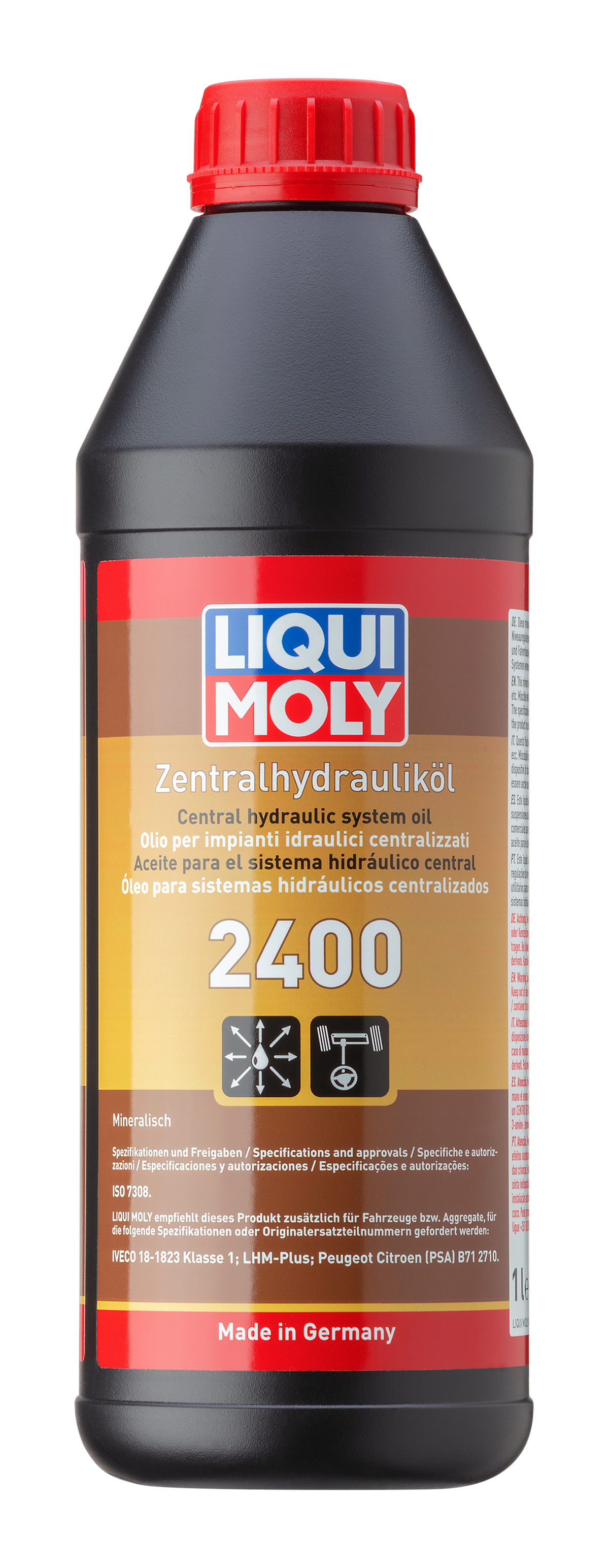 Liqui Moly Central Hydraulic System Oil 2400 1L bottle, gearbox fluid with orange cap and label for hydraulic system lubrication.