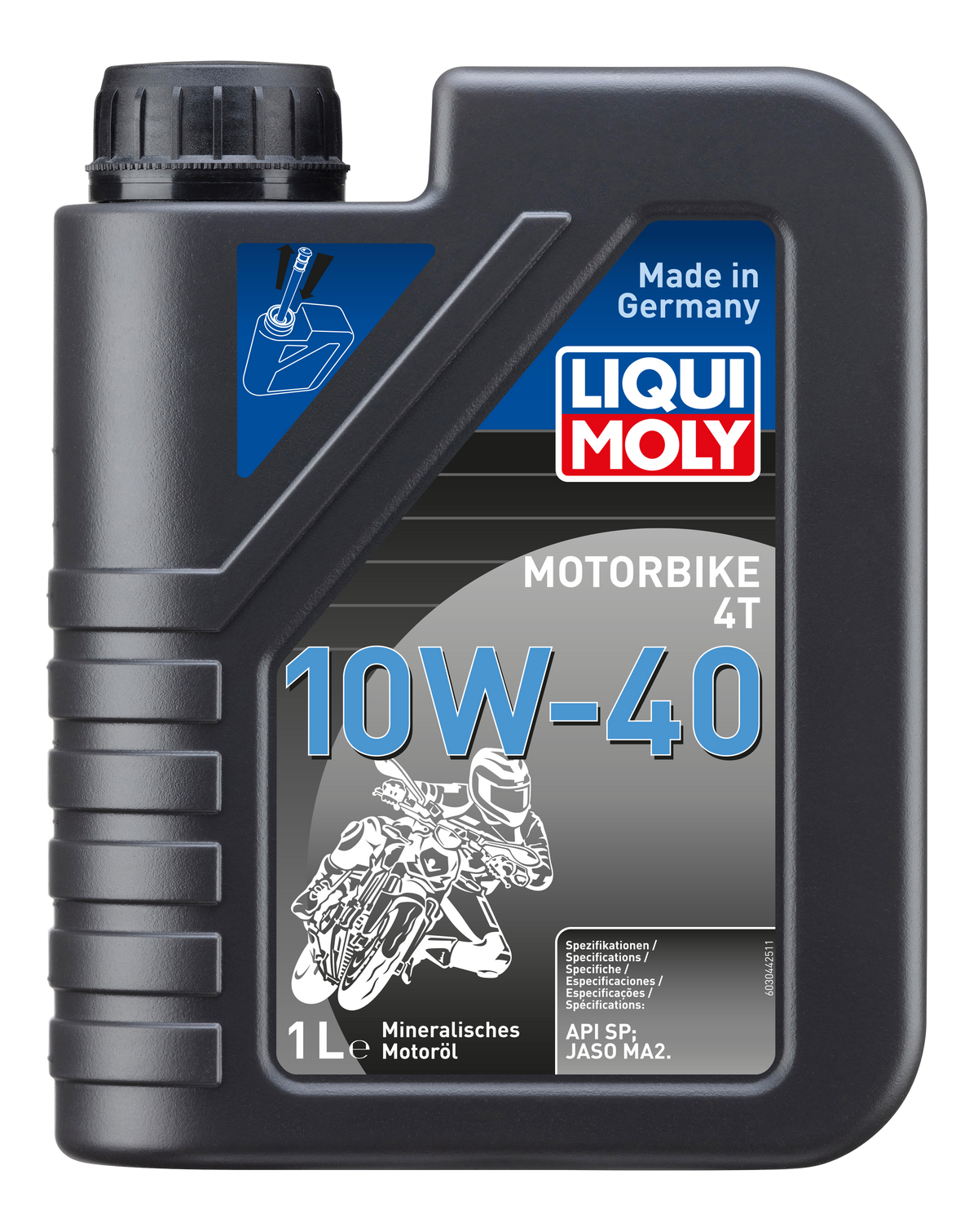 Liqui Moly Motorcycle 4T 10W-40 Basic Street 1L oil container with label, designed for four-stroke street motorcycles.