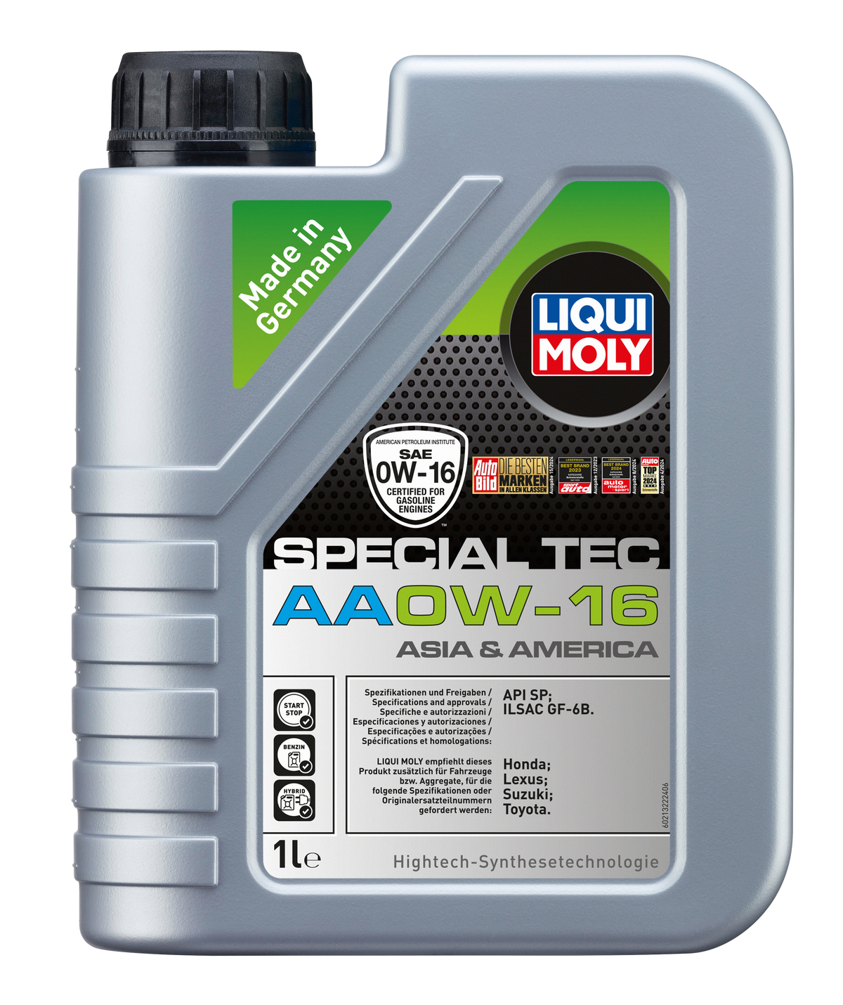 Bottle of Liqui Moly Special Tec AA 0W-16 engine oil, showing the black container with the Liqui Moly logo and product label.