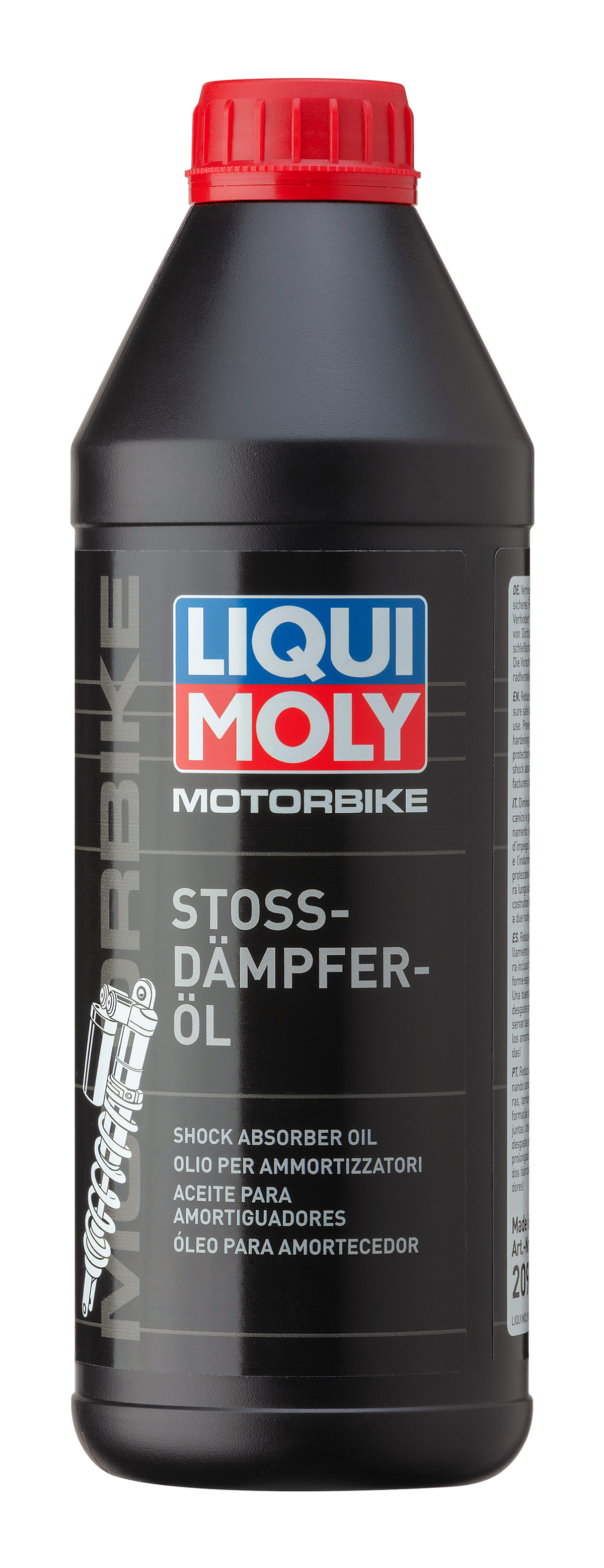 Liqui Moly motorbike shock absorber oil 1L bottle, motorcycle maintenance fluid, amber-colored oil in a plastic container