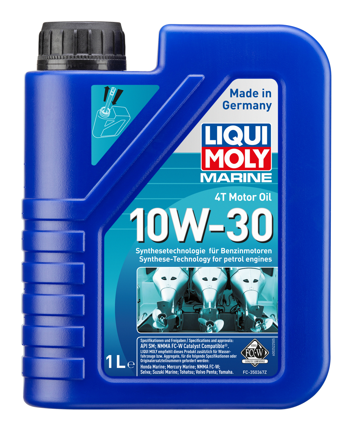 Liqui Moly Marine 4T Motor Oil 10W-30 bottle with label, designed for marine motorcycle engines, in a clear view.