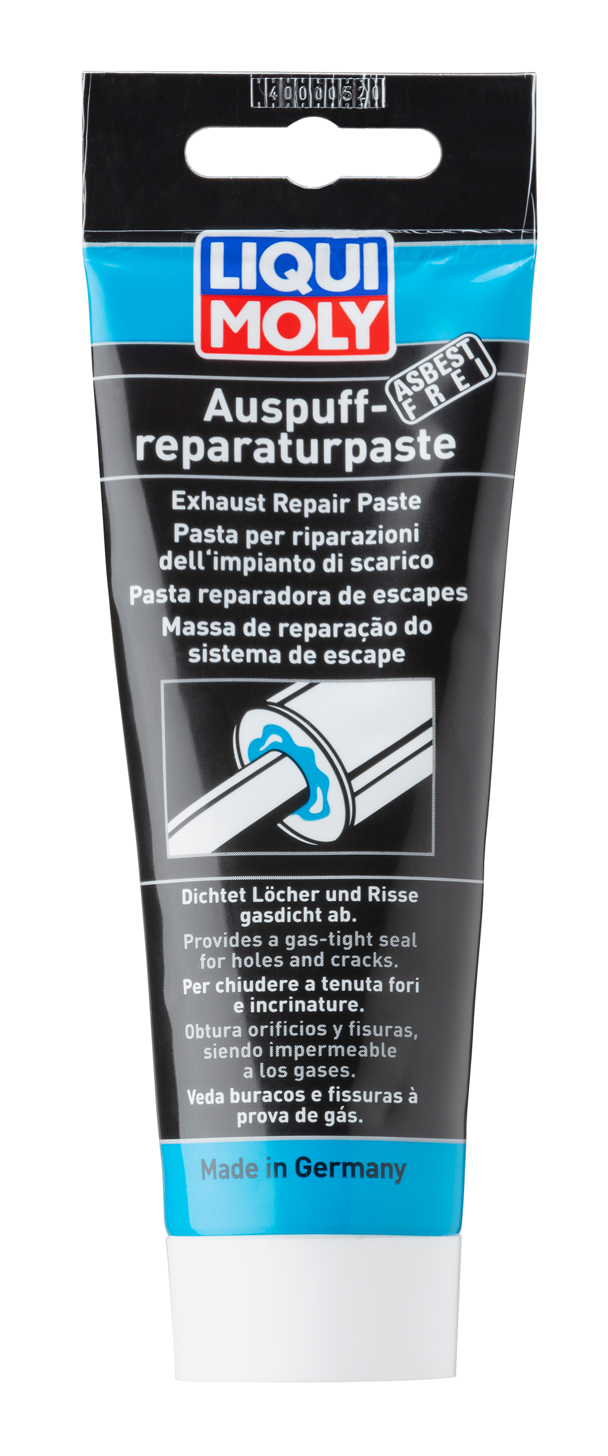 Liqui Moly Exhaust Repair Paste 200g tube, adhesive and sealant for repairing exhaust systems, with a close-up of the product tube.