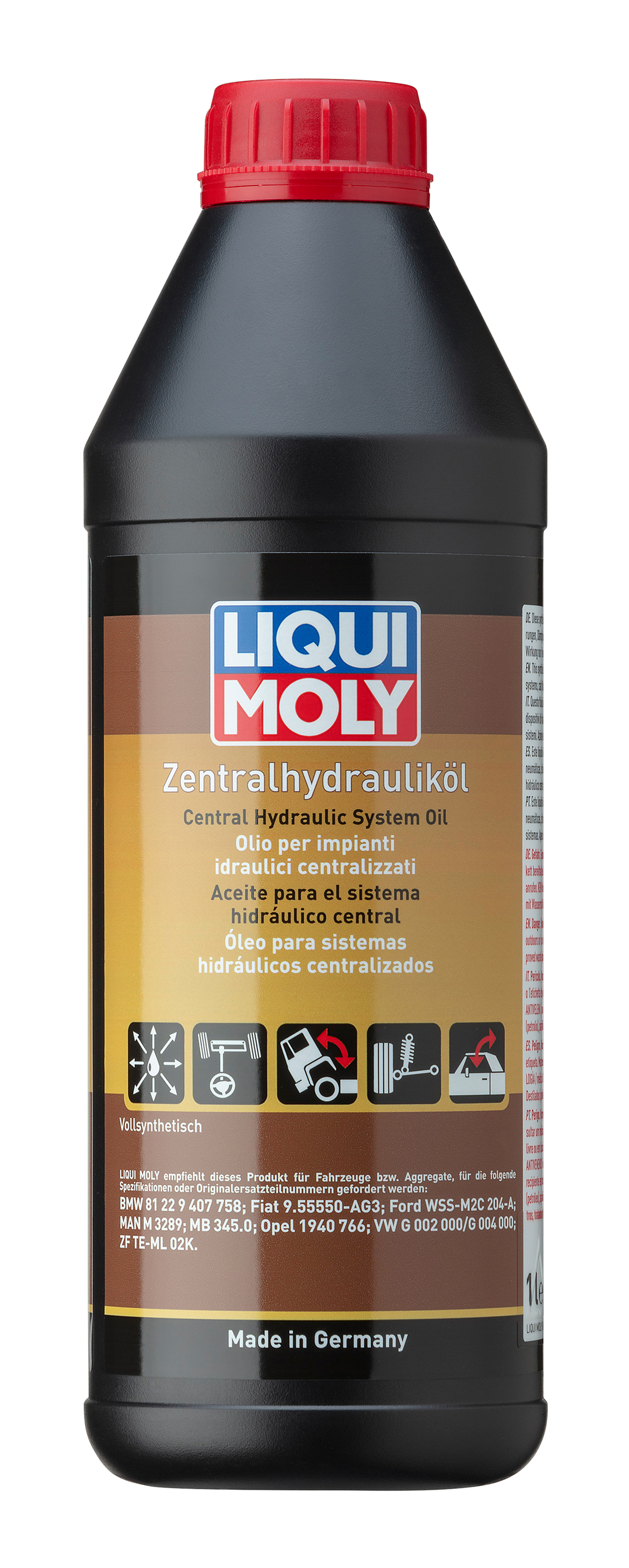 Liqui Moly central hydraulic system oil in a gearbox fluid container, showing the product label and packaging.