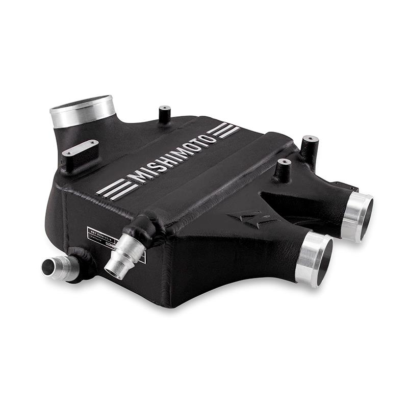 MISHIMOTO performance air-to-water intercooler for BMW F8X M3 M4 2015-2020 engine parts, shown installed in engine bay.