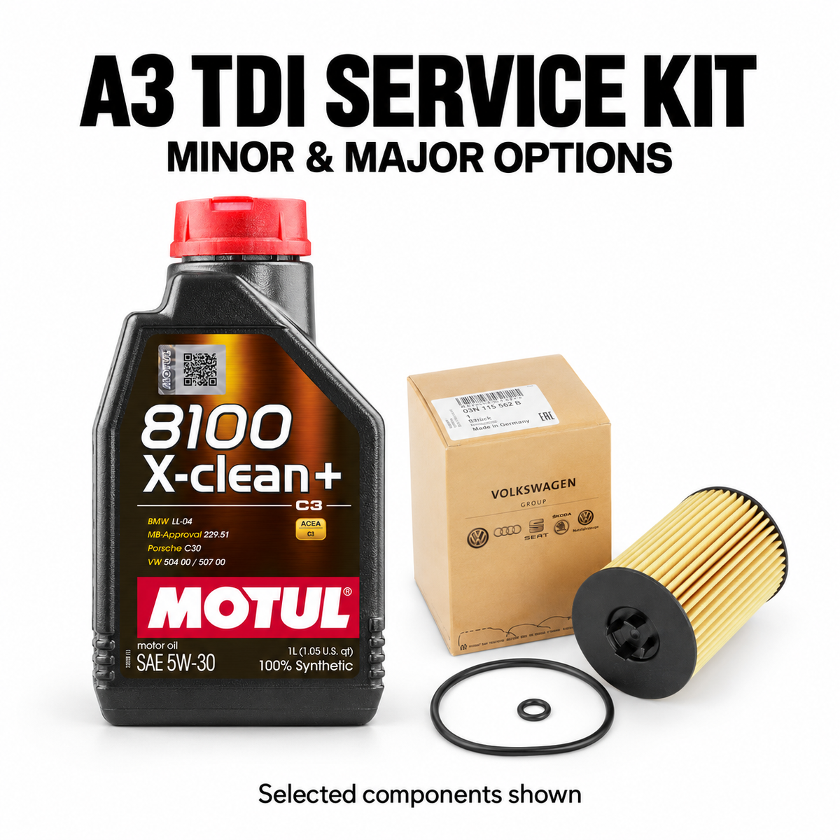 Audi A3 8V TDI minor and major service kit options; selected Motul oil, Genuine VAG filter and seals shown