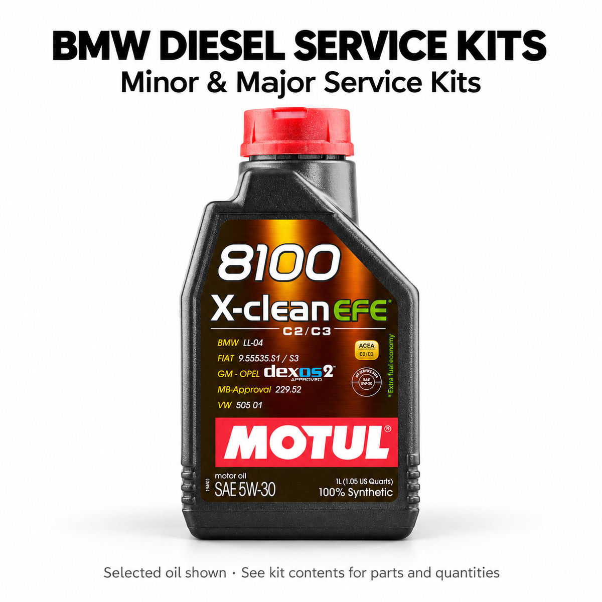BMW diesel minor and major service kits: selected Motul 8100 X-clean EFE 5W-30 oil bottle; see exact kit parts and quantities.