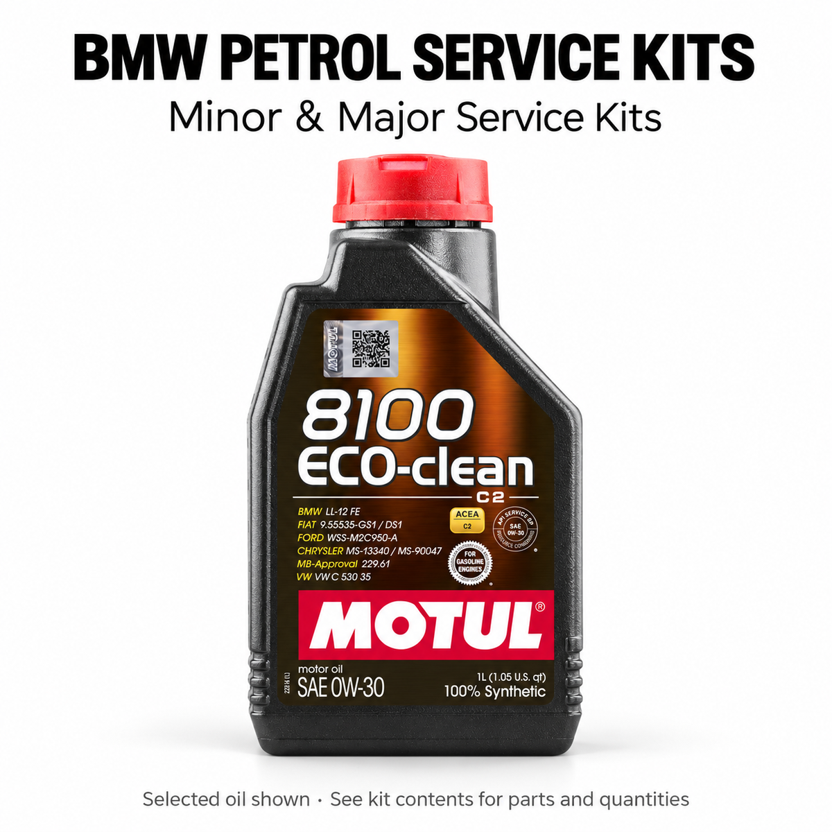 BMW petrol minor and major service kits: selected Motul 8100 Eco-Clean 0W-30 oil bottle; see exact kit parts and quantities.