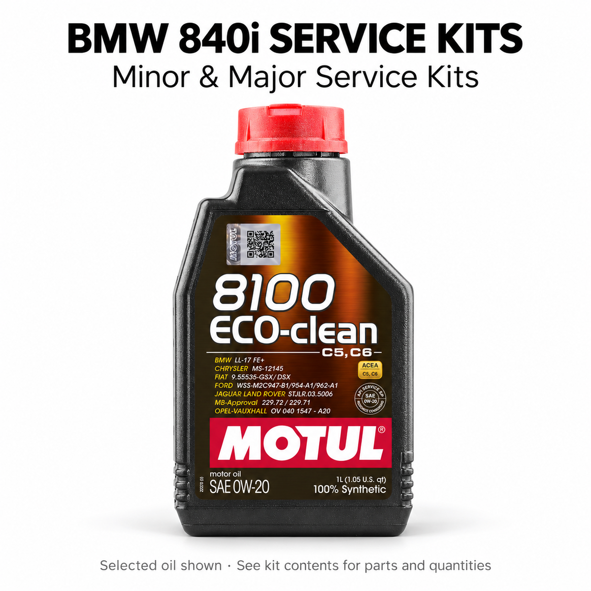 BMW 840i minor and major service kits: selected Motul 8100 Eco-Clean 0W-20 oil bottle; see exact kit parts and quantities.