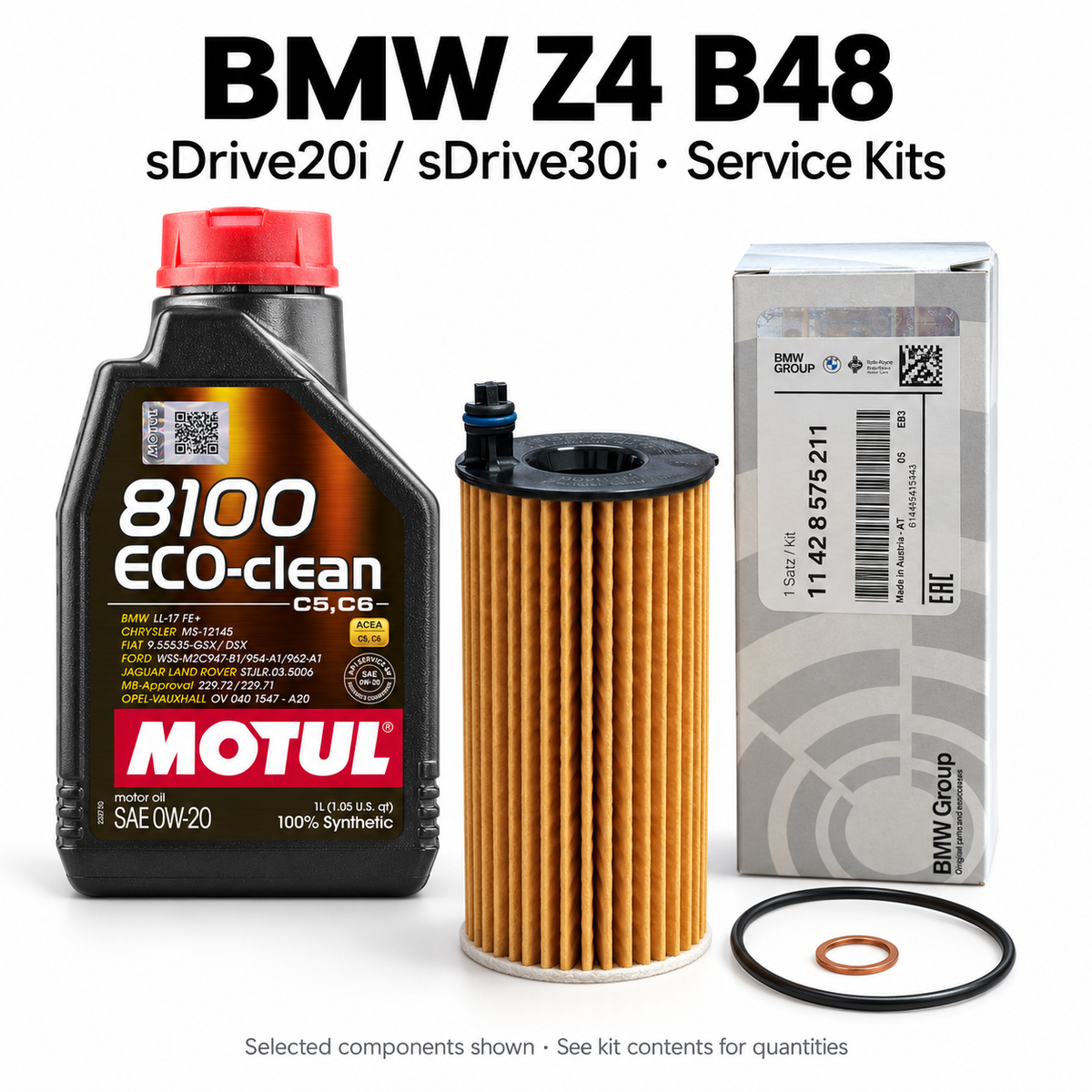 BMW G29 Z4 B48 service kit with selected oil and service components; see the minor or major kit contents for exact parts and quantities.