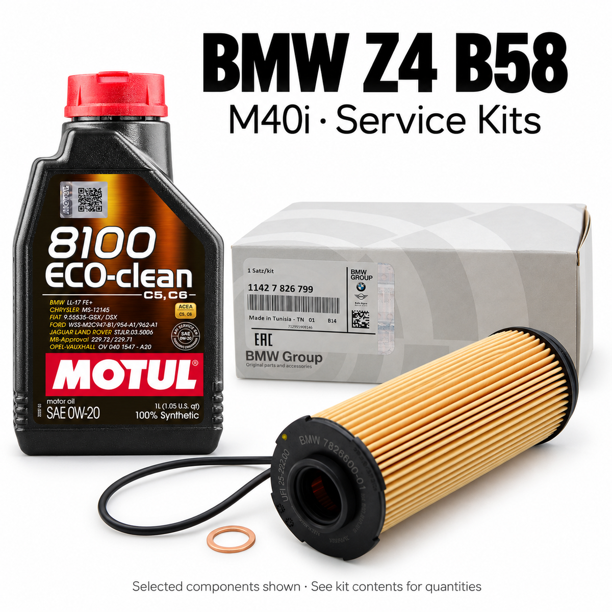 BMW G29 Z4 M40i B58 service kit with selected oil and service components; see the minor or major kit contents for exact parts and quantities.