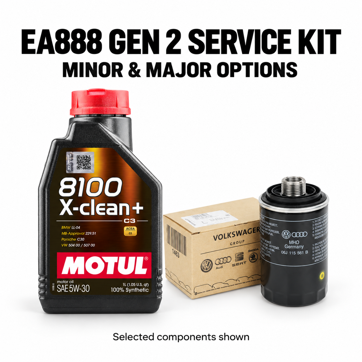 VW Golf Mk6 GTI EA888 Gen 2 Minor Service Kit – selected Motul oil and genuine oil filter shown; full quantities and contents listed separately