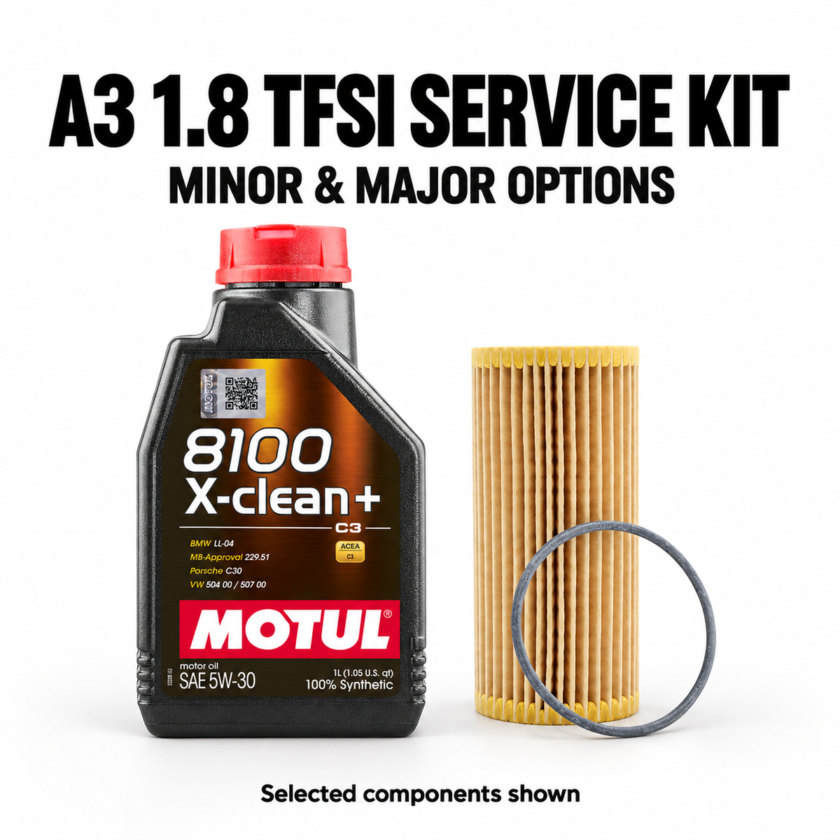 Audi A3 8V 1.8 TFSI EA888 Gen 3 Minor Service Kit – selected Motul oil and genuine oil filter shown; full quantities and contents listed separately