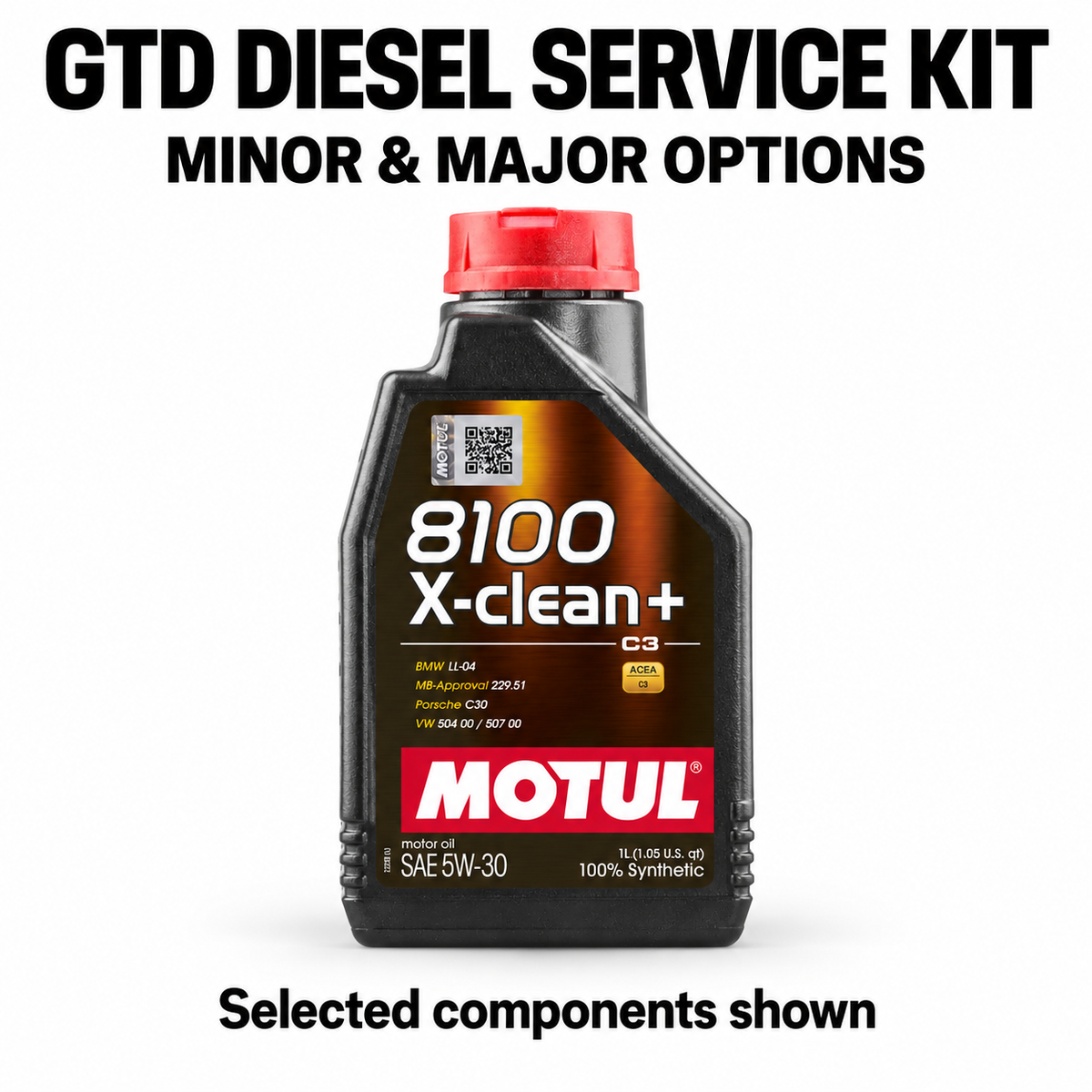 VW Golf Mk6 GTD 2.0 TDI Minor Service Kit – selected Motul oil shown; full quantities and contents listed separately