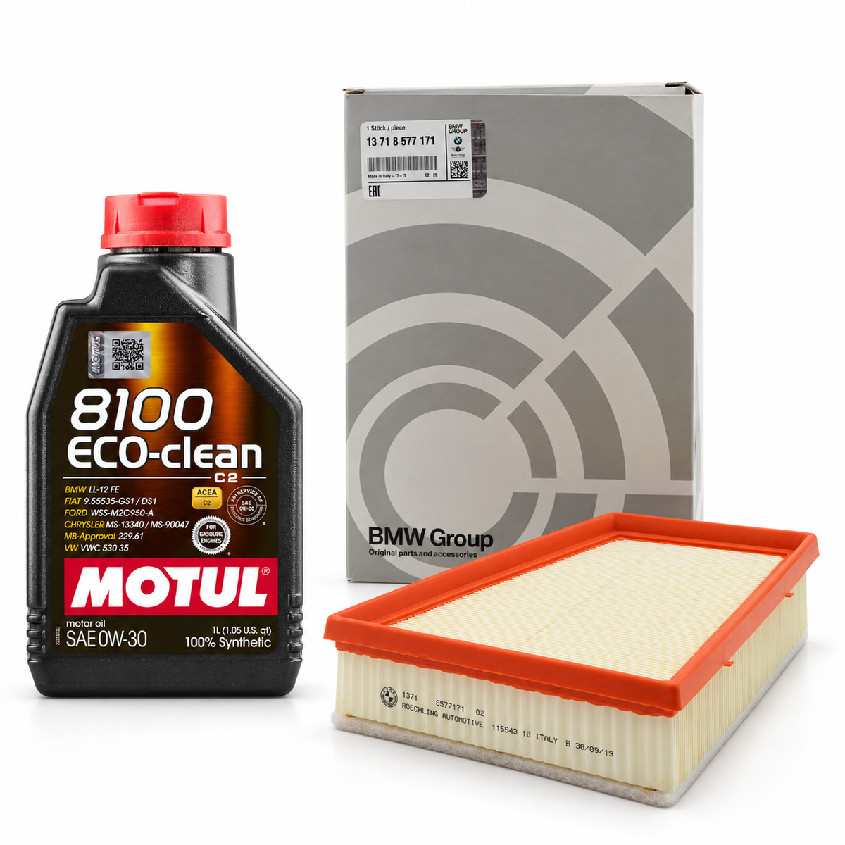 BMW B48 major kit selected components: LL-12 FE Motul oil and Genuine BMW air filter13718577171; full quantities in description